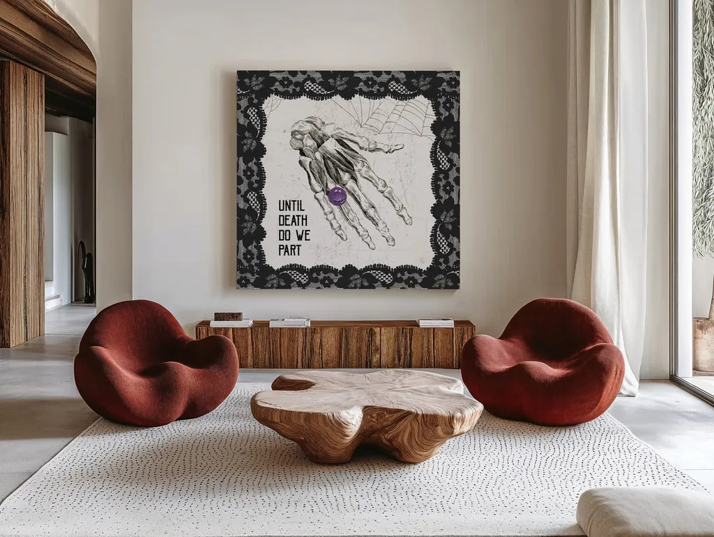 Arsenic and Anatomy II by Sue Schlabach. Shown as extra-large giant wall art in a modern living room. Available as an archival giclee rolled canvas, fine art paper, or poster print. SKU 75718a.