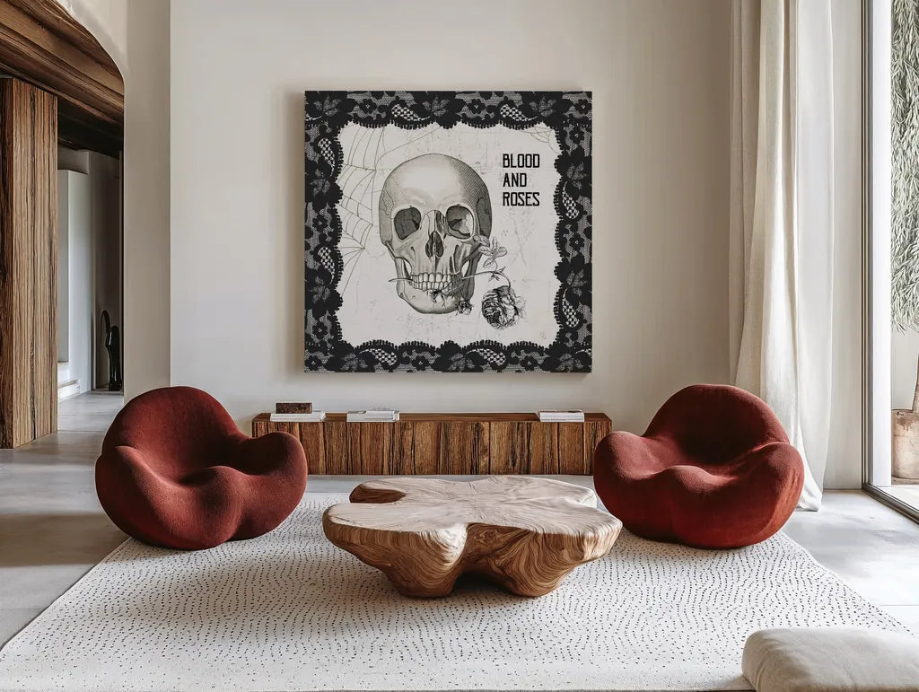 Arsenic and Anatomy IV by Sue Schlabach. Shown as extra-large giant wall art in a modern living room. Available as an archival giclee rolled canvas, fine art paper, or poster print. SKU 75720a.