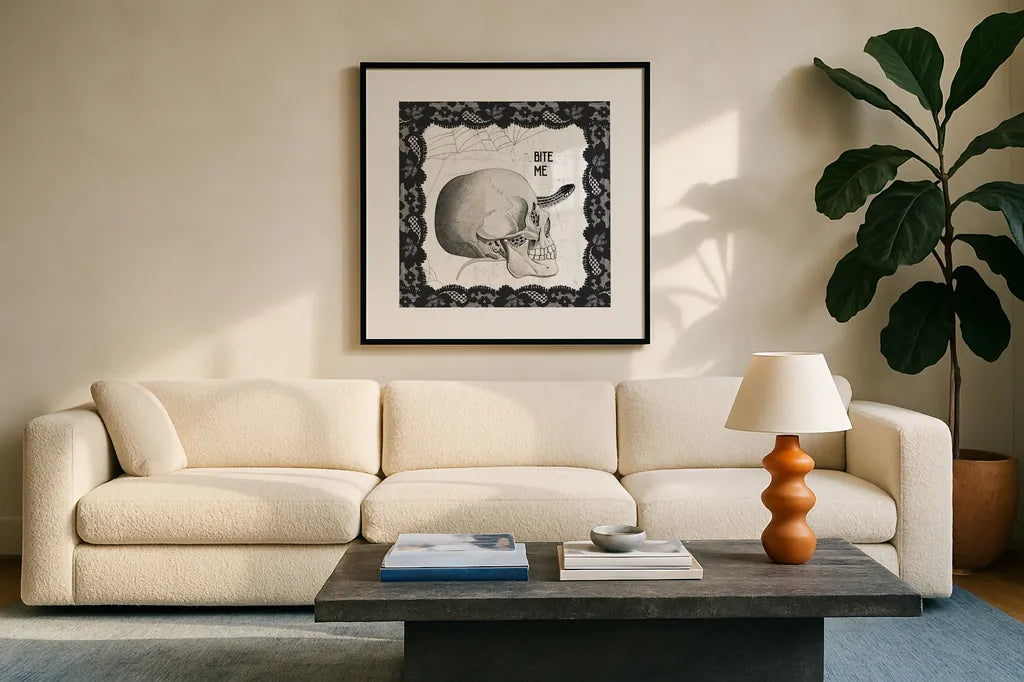 Arsenic and Anatomy V by Sue Schlabach. Displayed in a glass frame with matte in a clean modern living room. Available as an archival giclee rolled canvas, fine art paper, or poster print. SKU 75721a.