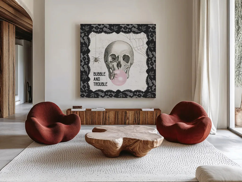 Arsenic and Anatomy VI by Sue Schlabach. Shown as extra-large giant wall art in a modern living room. Available as an archival giclee rolled canvas, fine art paper, or poster print. SKU 75722a.