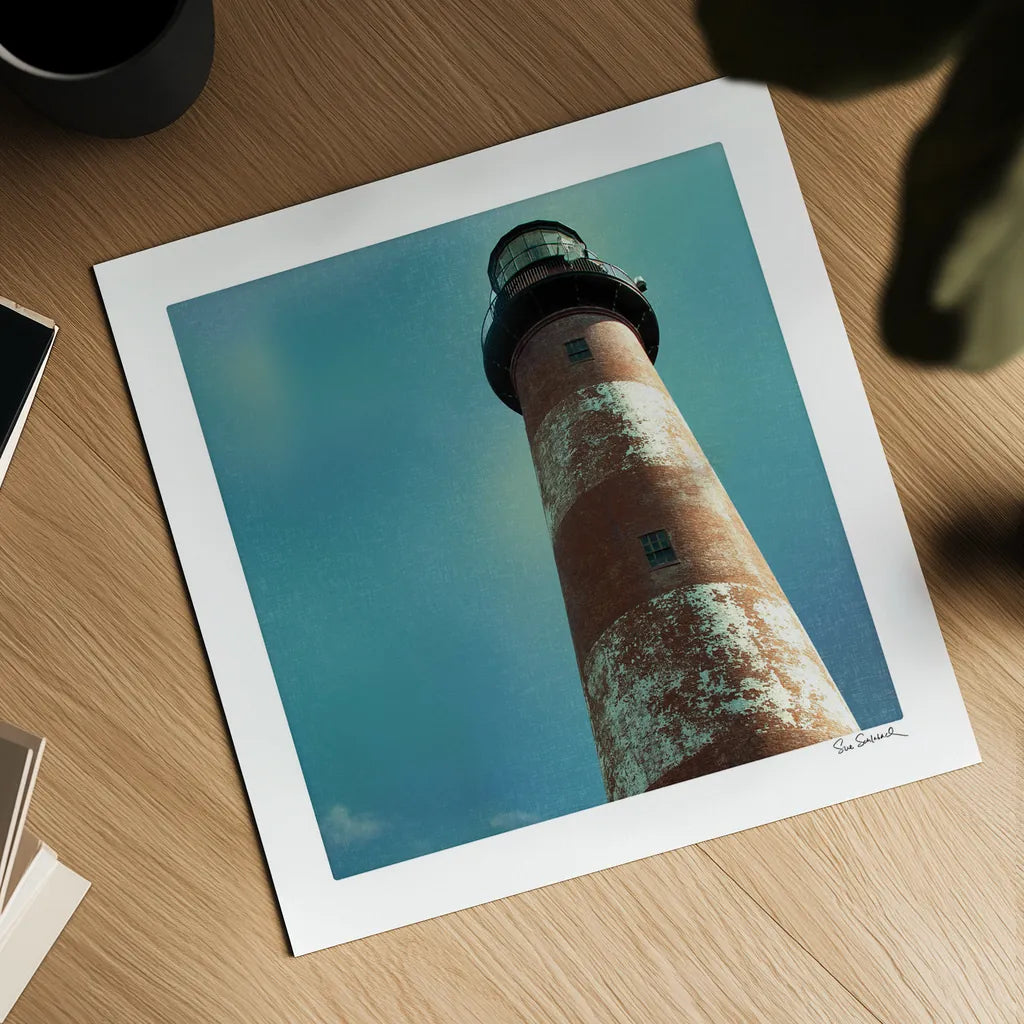 Atlantic Lighthouse by Sue Schlabach. Shown as a detailed flat fine art print, highlighting archival giclee quality. Available as an archival giclee rolled canvas, fine art paper, or poster print. SKU 25828a.