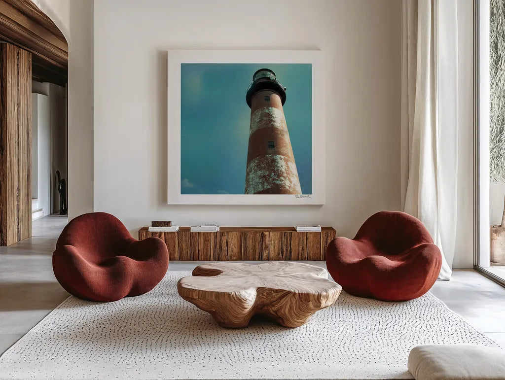 Atlantic Lighthouse by Sue Schlabach. Shown as extra-large giant wall art in a modern living room. Available as an archival giclee rolled canvas, fine art paper, or poster print. SKU 25828a.