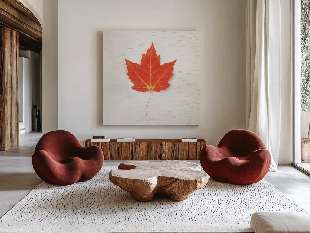 Autumn Colors I by Sue Schlabach. Shown as extra-large giant wall art in a modern living room. Available as an archival giclee rolled canvas, fine art paper, or poster print. SKU 29345a.