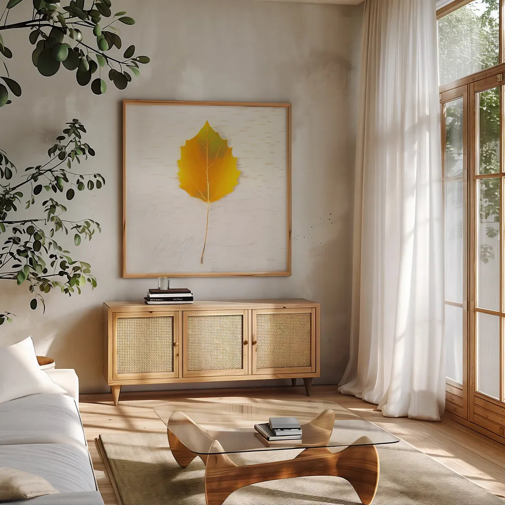 Autumn Colors III by Sue Schlabach. Shown in a natural wood frame in a cozy modern living room. Available as an archival giclee rolled canvas, fine art paper, or poster print. SKU 29347a.