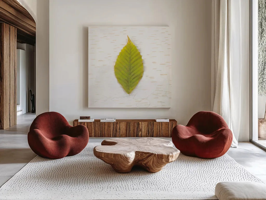 Autumn Colors IV by Sue Schlabach. Shown as extra-large giant wall art in a modern living room. Available as an archival giclee rolled canvas, fine art paper, or poster print. SKU 29348a.