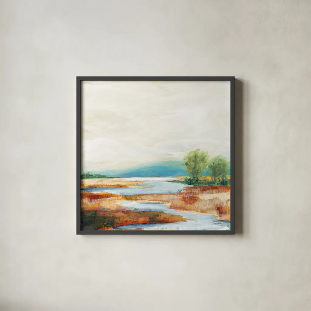 Autumn Wetland by Sue Schlabach. Shown in a sleek black glass frame for a contemporary gallery look. Available as an archival giclee rolled canvas, fine art paper, or poster print. SKU 82693a.