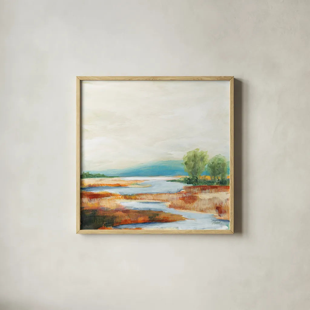 Autumn Wetland by Sue Schlabach. Shown in a natural wood glass frame for a timeless modern aesthetic. Available as an archival giclee rolled canvas, fine art paper, or poster print. SKU 82693a.