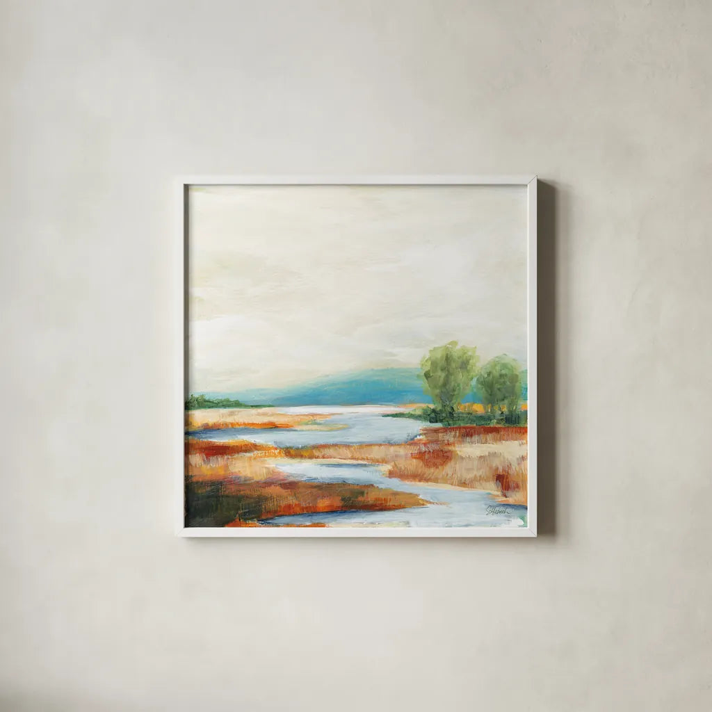 Autumn Wetland by Sue Schlabach. Shown in a crisp white glass frame for a clean and minimalist style. Available as an archival giclee rolled canvas, fine art paper, or poster print. SKU 82693a.
