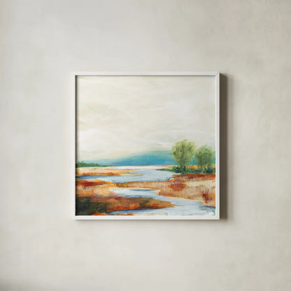 Autumn Wetland by Sue Schlabach. Shown in a crisp white glass frame for a clean and minimalist style. Available as an archival giclee rolled canvas, fine art paper, or poster print. SKU 82693a.