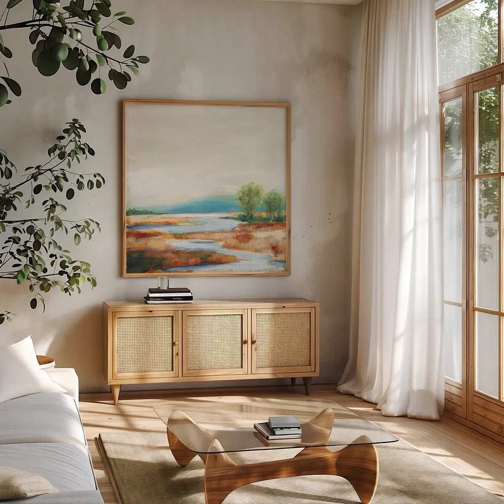 Autumn Wetland by Sue Schlabach. Shown in a natural wood frame in a cozy modern living room. Available as an archival giclee rolled canvas, fine art paper, or poster print. SKU 82693a.