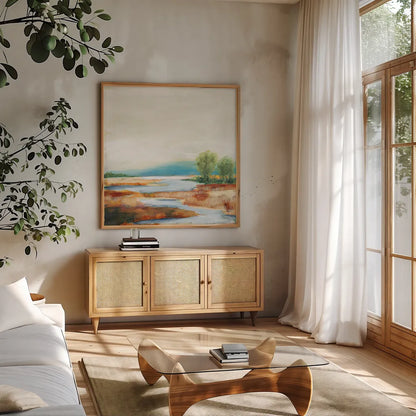 Autumn Wetland by Sue Schlabach. Shown in a natural wood frame in a cozy modern living room. Available as an archival giclee rolled canvas, fine art paper, or poster print. SKU 82693a.