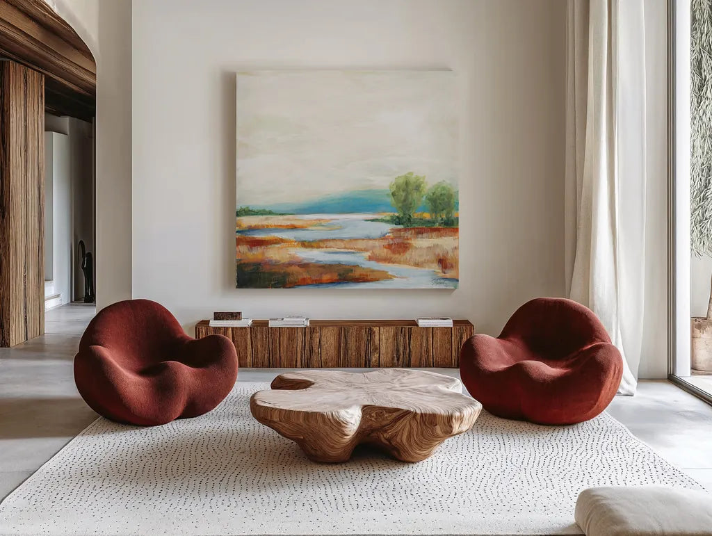 Autumn Wetland by Sue Schlabach. Shown as extra-large giant wall art in a modern living room. Available as an archival giclee rolled canvas, fine art paper, or poster print. SKU 82693a.