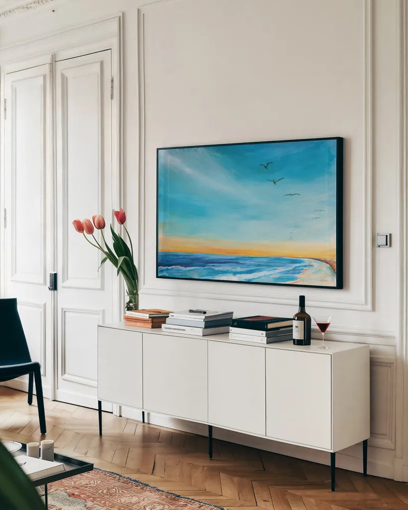 Back Bay Refuge by Sue Schlabach. shown as a framed stretched canvas in a living room above a console. Available as a archival giclee rolled canvas, fine art paper, or poster print. SKU 85197i.