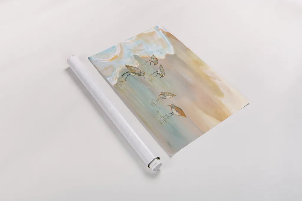 Back Bay Sandpipers by Sue Schlabach. shown as a rolled paper print. Available as archival giclee rolled canvas, fine art paper, or poster print. SKU 85241i.
