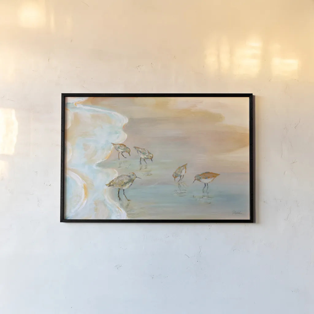 Back Bay Sandpipers by Sue Schlabach. shown as a paper print in a black flame. Available as a archival giclee rolled canvas, fine art paper, or poster print. SKU 85241i.