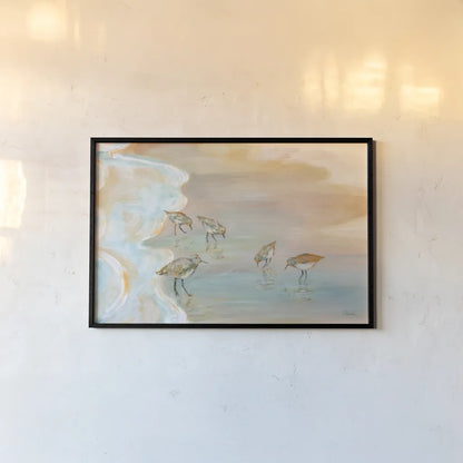 Back Bay Sandpipers by Sue Schlabach. shown as a paper print in a black flame. Available as a archival giclee rolled canvas, fine art paper, or poster print. SKU 85241i.