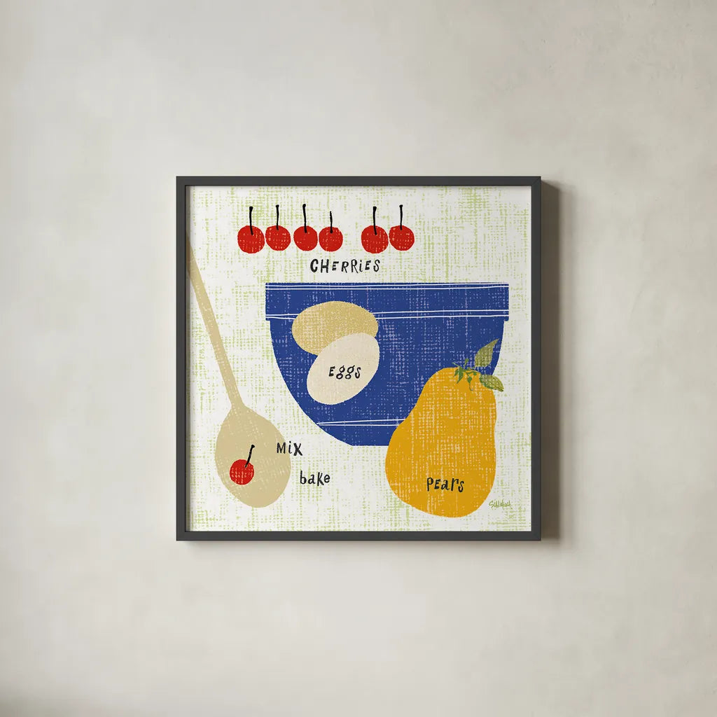 Baking It I by Sue Schlabach. Shown in a sleek black glass frame for a contemporary gallery look. Available as an archival giclee rolled canvas, fine art paper, or poster print. SKU 44672a.