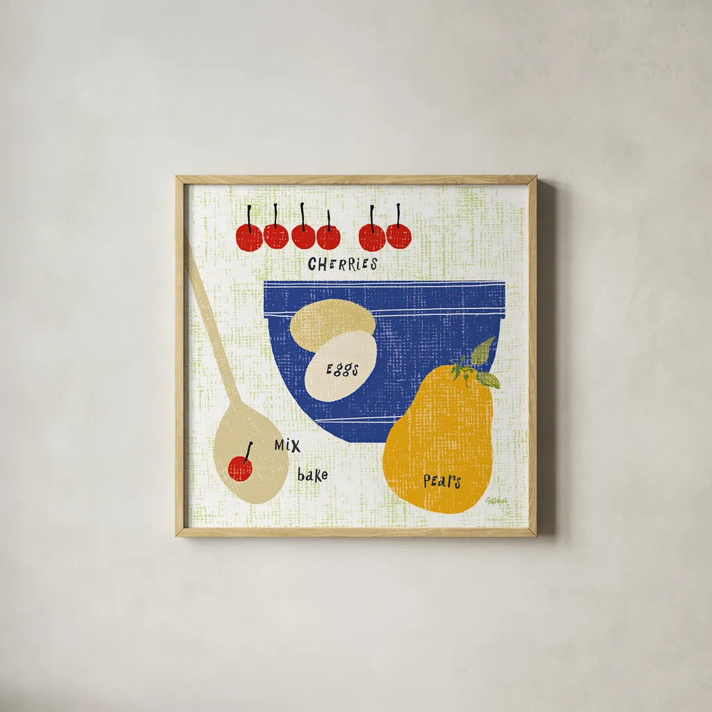 Baking It I by Sue Schlabach. Shown in a natural wood glass frame for a timeless modern aesthetic. Available as an archival giclee rolled canvas, fine art paper, or poster print. SKU 44672a.