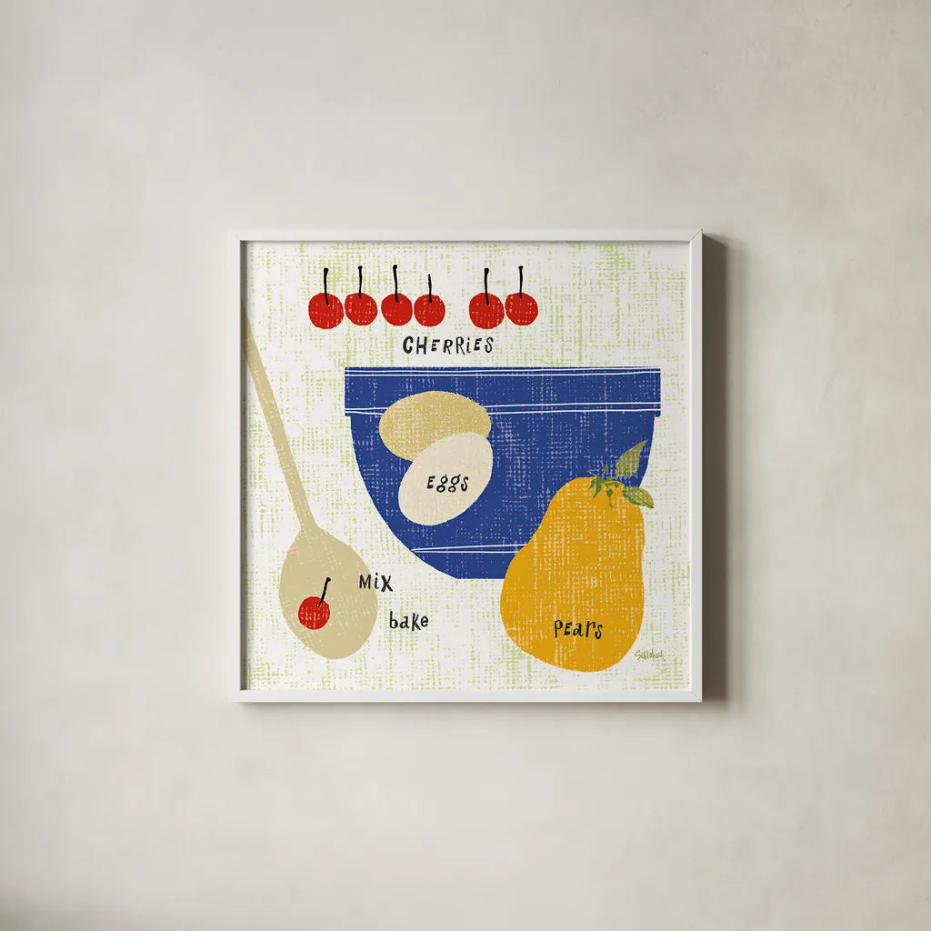 Baking It I by Sue Schlabach. Shown in a crisp white glass frame for a clean and minimalist style. Available as an archival giclee rolled canvas, fine art paper, or poster print. SKU 44672a.