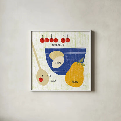 Baking It I by Sue Schlabach. Shown in a crisp white glass frame for a clean and minimalist style. Available as an archival giclee rolled canvas, fine art paper, or poster print. SKU 44672a.