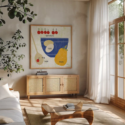 Baking It I by Sue Schlabach. Shown in a natural wood frame in a cozy modern living room. Available as an archival giclee rolled canvas, fine art paper, or poster print. SKU 44672a.