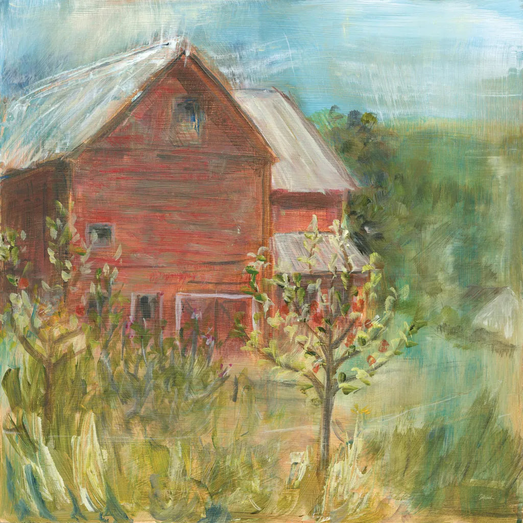 Barn Orchard by Sue Schlabach. SKU 38100a. Archival Giclee Fine art print for wall decor.