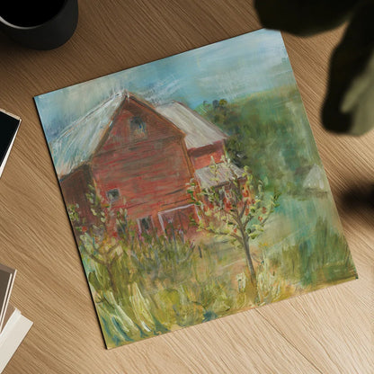 Barn Orchard by Sue Schlabach. Shown as a detailed flat fine art print, highlighting archival giclee quality. Available as an archival giclee rolled canvas, fine art paper, or poster print. SKU 38100a.