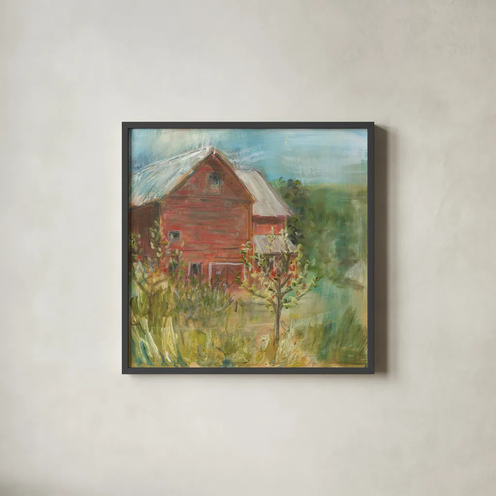 Barn Orchard by Sue Schlabach. Shown in a sleek black glass frame for a contemporary gallery look. Available as an archival giclee rolled canvas, fine art paper, or poster print. SKU 38100a.
