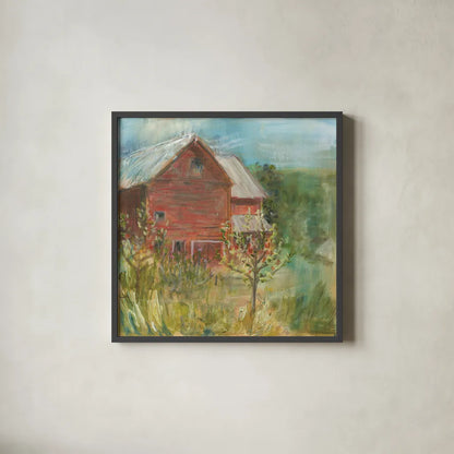 Barn Orchard by Sue Schlabach. Shown in a sleek black glass frame for a contemporary gallery look. Available as an archival giclee rolled canvas, fine art paper, or poster print. SKU 38100a.