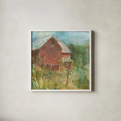 Barn Orchard by Sue Schlabach. Shown in a crisp white glass frame for a clean and minimalist style. Available as an archival giclee rolled canvas, fine art paper, or poster print. SKU 38100a.