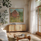 Barn Orchard by Sue Schlabach. Shown in a natural wood frame in a cozy modern living room. Available as an archival giclee rolled canvas, fine art paper, or poster print. SKU 38100a.