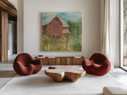 Barn Orchard by Sue Schlabach. Shown as extra-large giant wall art in a modern living room. Available as an archival giclee rolled canvas, fine art paper, or poster print. SKU 38100a.
