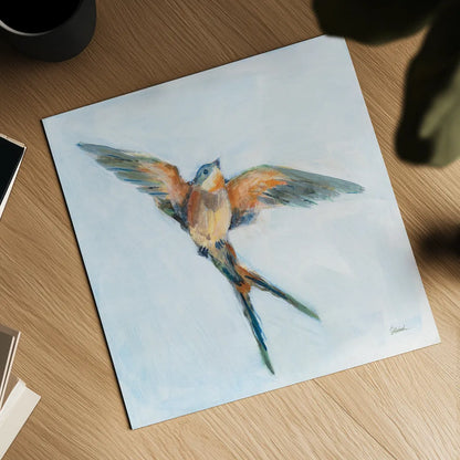 Barn Swallow Flight I by Sue Schlabach. Shown as a detailed flat fine art print, highlighting archival giclee quality. Available as an archival giclee rolled canvas, fine art paper, or poster print. SKU 84227a.
