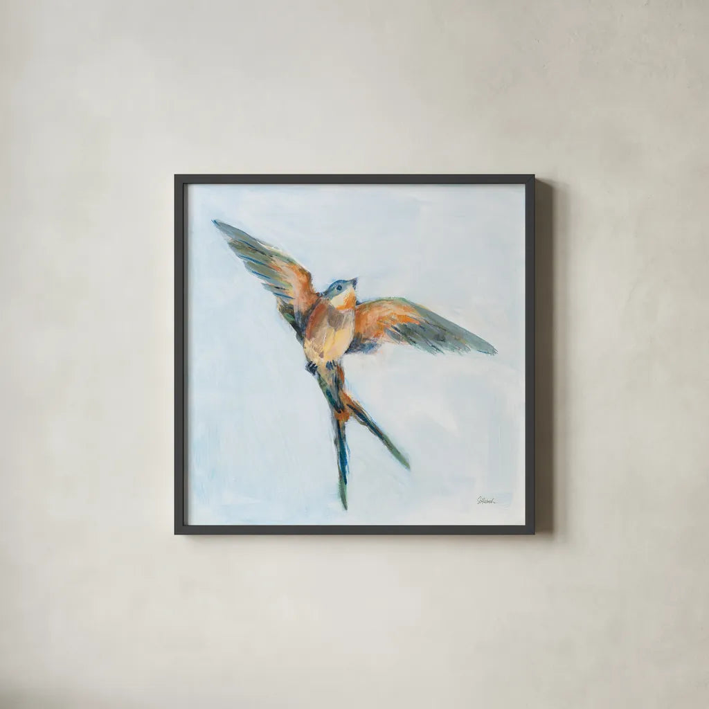 Barn Swallow Flight I by Sue Schlabach. Shown in a sleek black glass frame for a contemporary gallery look. Available as an archival giclee rolled canvas, fine art paper, or poster print. SKU 84227a.