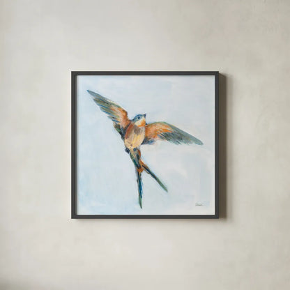Barn Swallow Flight I by Sue Schlabach. Shown in a sleek black glass frame for a contemporary gallery look. Available as an archival giclee rolled canvas, fine art paper, or poster print. SKU 84227a.