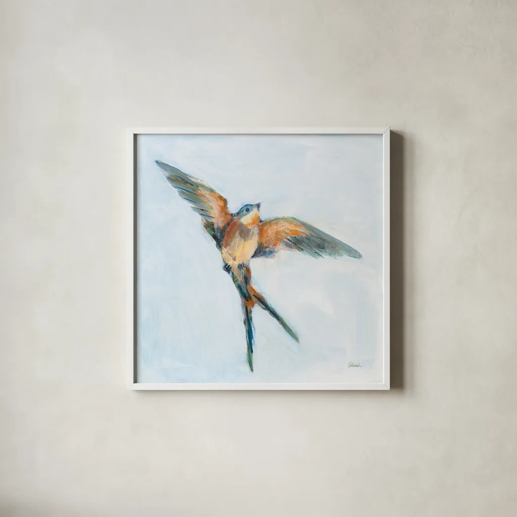 Barn Swallow Flight I by Sue Schlabach. Shown in a crisp white glass frame for a clean and minimalist style. Available as an archival giclee rolled canvas, fine art paper, or poster print. SKU 84227a.