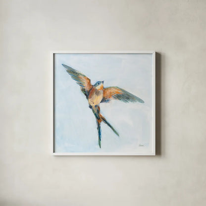 Barn Swallow Flight I by Sue Schlabach. Shown in a crisp white glass frame for a clean and minimalist style. Available as an archival giclee rolled canvas, fine art paper, or poster print. SKU 84227a.