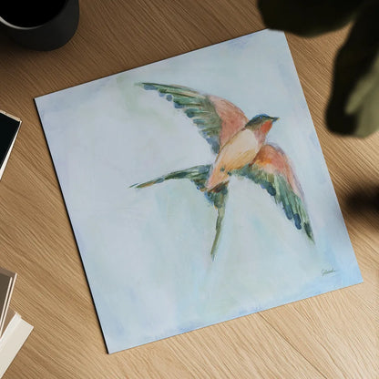 Barn Swallow Flight II by Sue Schlabach. Shown as a detailed flat fine art print, highlighting archival giclee quality. Available as an archival giclee rolled canvas, fine art paper, or poster print. SKU 84228a.
