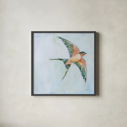 Barn Swallow Flight II by Sue Schlabach. Shown in a sleek black glass frame for a contemporary gallery look. Available as an archival giclee rolled canvas, fine art paper, or poster print. SKU 84228a.