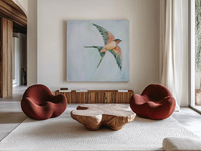 Barn Swallow Flight II by Sue Schlabach. Shown as extra-large giant wall art in a modern living room. Available as an archival giclee rolled canvas, fine art paper, or poster print. SKU 84228a.