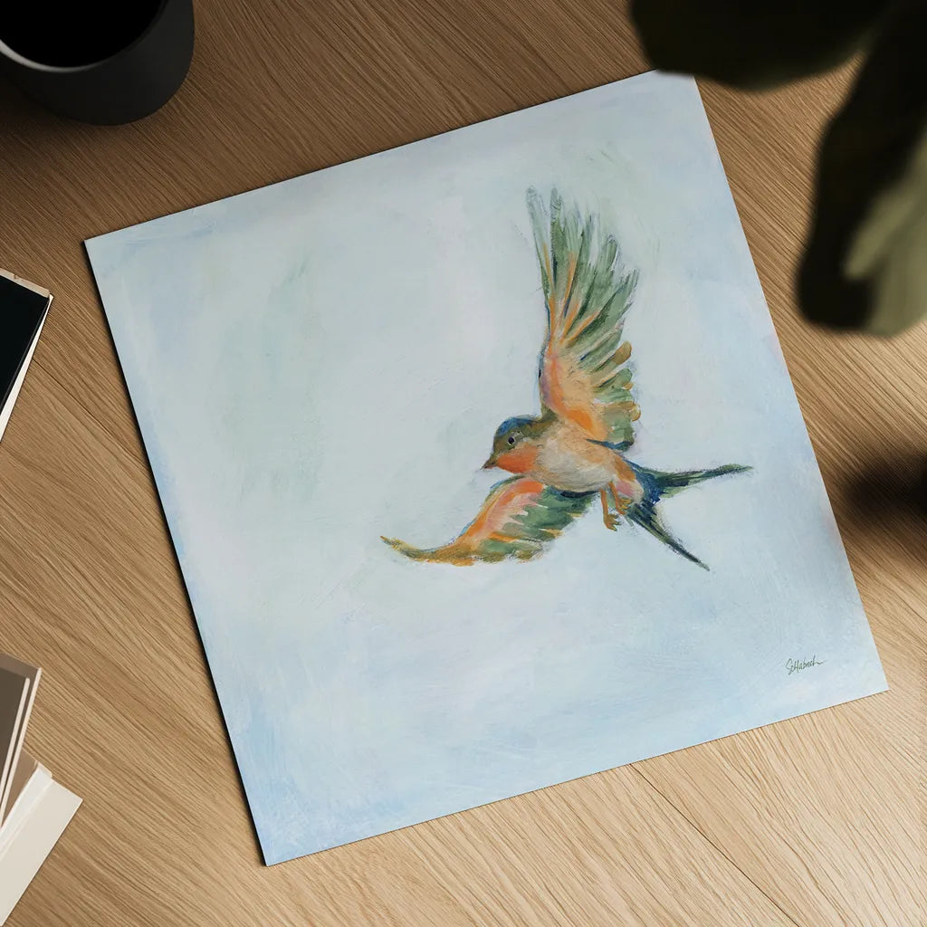 Barn Swallow Flight III by Sue Schlabach. Shown as a detailed flat fine art print, highlighting archival giclee quality. Available as an archival giclee rolled canvas, fine art paper, or poster print. SKU 84229a.
