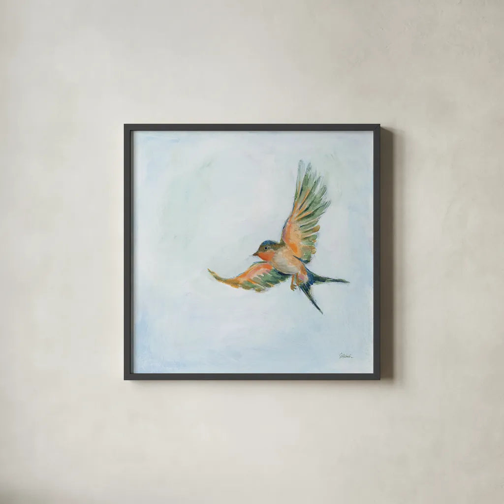 Barn Swallow Flight III by Sue Schlabach. Shown in a sleek black glass frame for a contemporary gallery look. Available as an archival giclee rolled canvas, fine art paper, or poster print. SKU 84229a.
