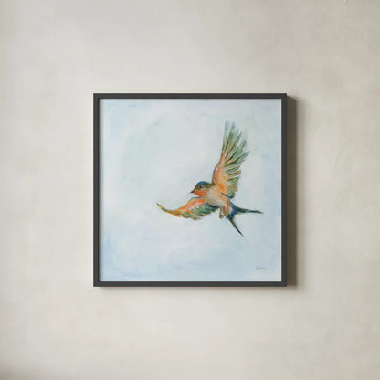 Barn Swallow Flight III by Sue Schlabach. Shown in a sleek black glass frame for a contemporary gallery look. Available as an archival giclee rolled canvas, fine art paper, or poster print. SKU 84229a.