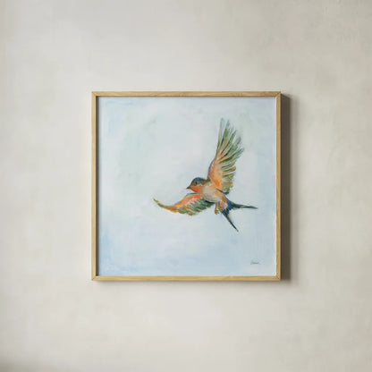 Barn Swallow Flight III by Sue Schlabach. Shown in a natural wood glass frame for a timeless modern aesthetic. Available as an archival giclee rolled canvas, fine art paper, or poster print. SKU 84229a.