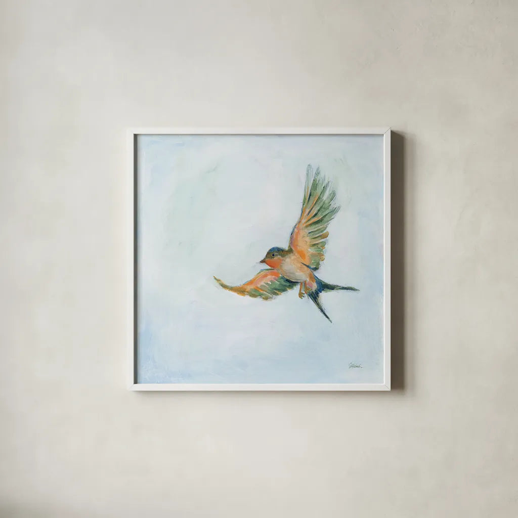 Barn Swallow Flight III by Sue Schlabach. Shown in a crisp white glass frame for a clean and minimalist style. Available as an archival giclee rolled canvas, fine art paper, or poster print. SKU 84229a.