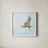 Barn Swallow Flight III by Sue Schlabach. Shown in a crisp white glass frame for a clean and minimalist style. Available as an archival giclee rolled canvas, fine art paper, or poster print. SKU 84229a.