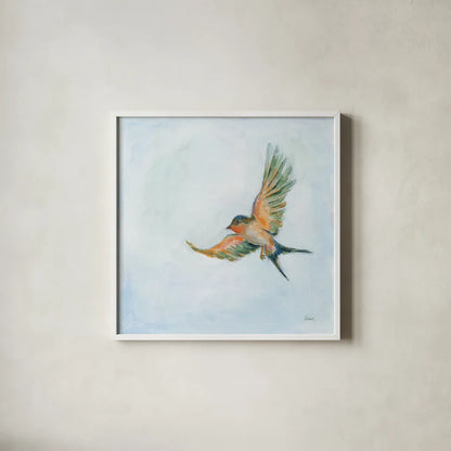 Barn Swallow Flight III by Sue Schlabach. Shown in a crisp white glass frame for a clean and minimalist style. Available as an archival giclee rolled canvas, fine art paper, or poster print. SKU 84229a.