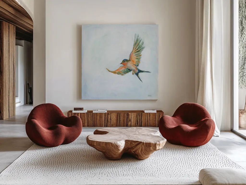 Barn Swallow Flight III by Sue Schlabach. Shown as extra-large giant wall art in a modern living room. Available as an archival giclee rolled canvas, fine art paper, or poster print. SKU 84229a.