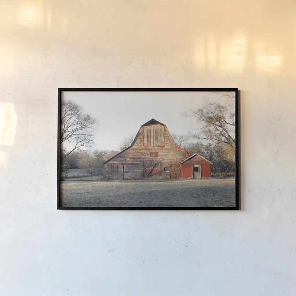 Barn in the Heartland by Sue Schlabach. shown as a paper print in a black flame. Available as a archival giclee rolled canvas, fine art paper, or poster print. SKU 82861i.