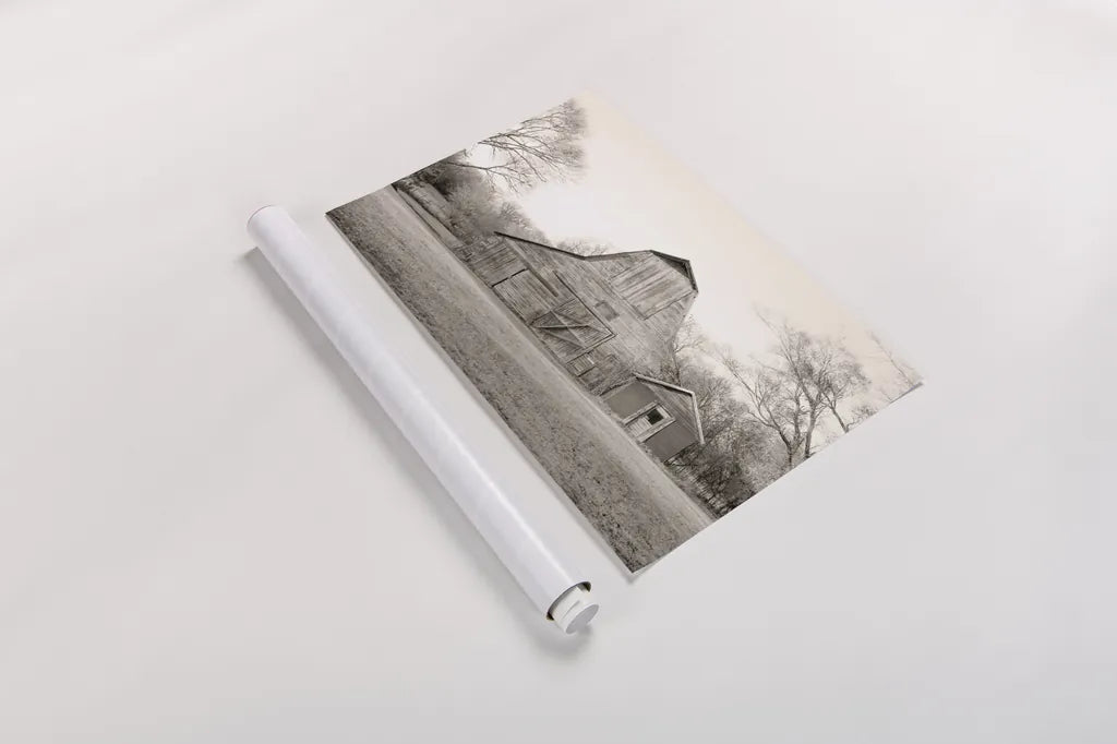Barn in the Heartland BW by Sue Schlabach. shown as a rolled paper print. Available as archival giclee rolled canvas, fine art paper, or poster print. SKU 82862i.